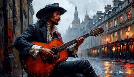 Vintage Street Musician Serenade in European Night – AI Generated Video | Hailuo AI