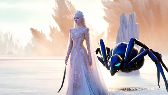 Radiant Princess and Intelligent Spider-Alien in Ethereal Wonderland – AI Generated Video | Hailuo AI