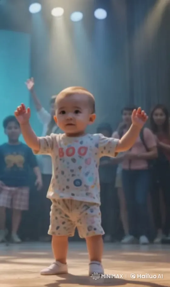 Baby Boy Joyfully Dancing on Stage with Audience – AI Generated Video | Hailuo AI