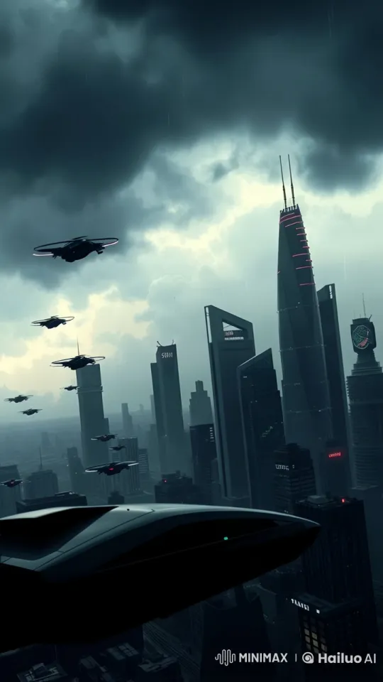 Futuristic Cityscape: Drone Navigation in Stormy Skies – AI Generated Video | Hailuo AI