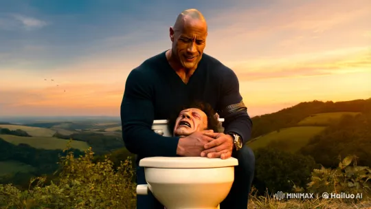 Dwayne Johnson and the Anthropomorphic Toilet: A Surreal Moment of Tenderness – AI Generated Video | Hailuo AI