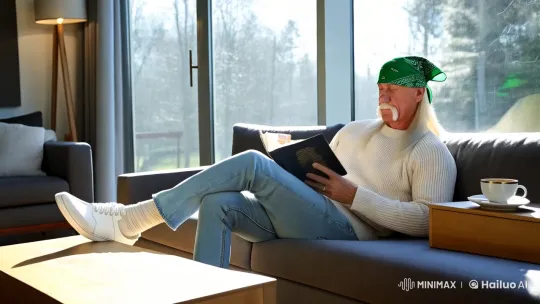 Blonde Man Reflects in a Cozy, Sunlit Living Space – AI Generated Video | Hailuo AI