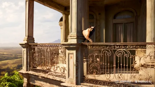 Warrior Cat Poses on Elegant Balcony with Dramatic Pan – AI Generated Video | Hailuo AI