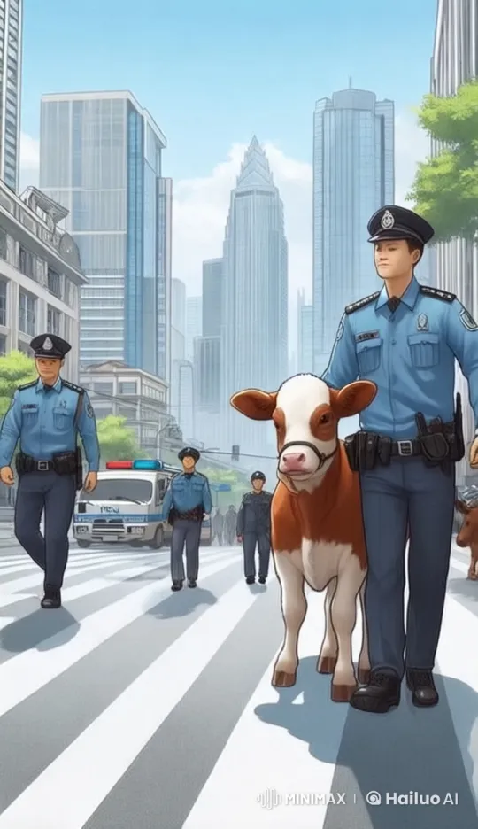 Police Guide Cow Across Road Amid City Bustle – AI Generated Video | Hailuo AI