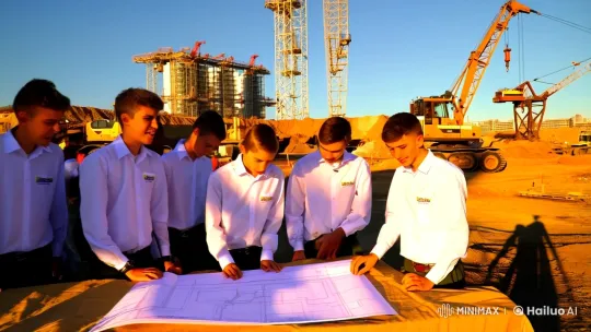 Students Engage with Blueprint at Bustling Construction Site – AI Generated Video | Hailuo AI