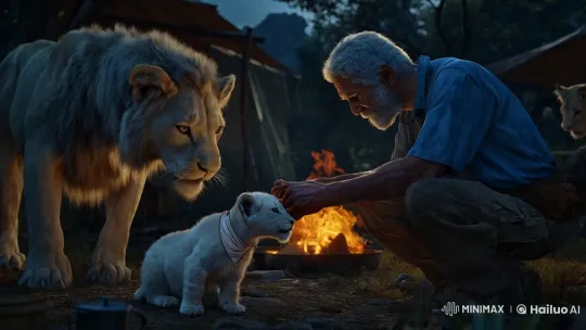 Person Tends to Injured Lion Cub by Campfire – AI Generated Video | Hailuo AI