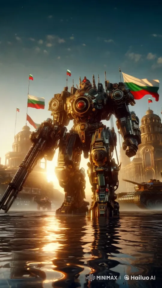 Golden Mech Stands Guard in Grand Sunset Scene – AI Generated Video | Hailuo AI