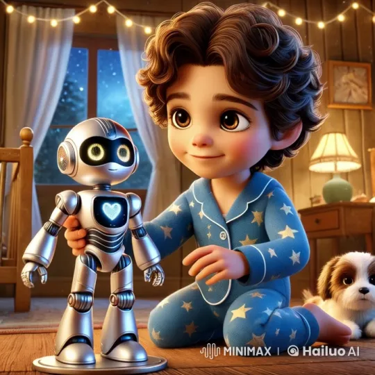 Child Interacts Joyfully with Friendly Robot in Cozy Room – AI Generated Video | Hailuo AI