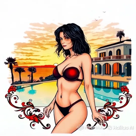Elegant Woman Smiles by Luxurious Pool at Sunset – AI Generated Video | Hailuo AI