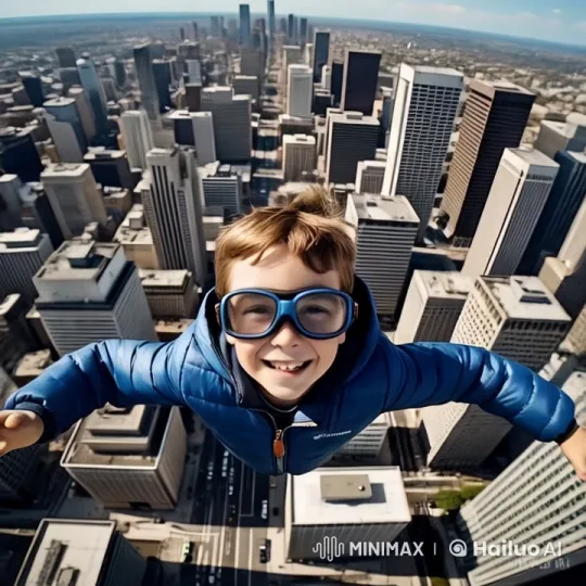 Urban Flight: Young Person Soars Through Cityscape – AI Generated Video | Hailuo AI