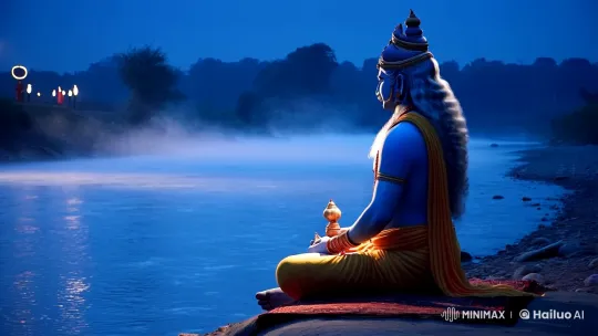 Lord Shiva Meditates by a Misty, Moonlit River – AI Generated Video | Hailuo AI