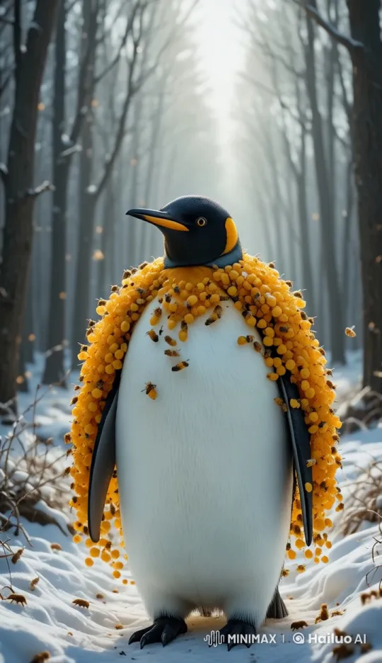 Magical Morning Walk: Penguin with Bees in Snowy Forest – AI Generated Video | Hailuo AI