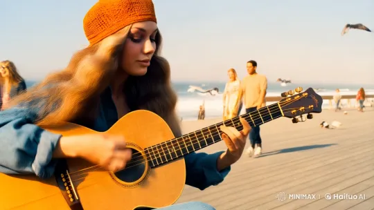 Young Woman Playing Guitar on 1970s California Boardwalk – AI Generated Video | Hailuo AI