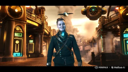 Steampunk Hero in a Futuristic Victorian Cityscape – AI Generated Video | Hailuo AI