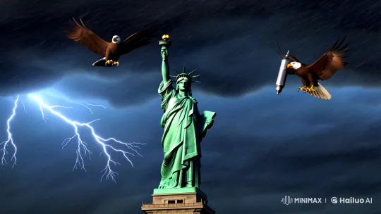 Stormy Night: Statue of Liberty Bombing by Eagles with Trump Flag – AI Generated Video | Hailuo AI