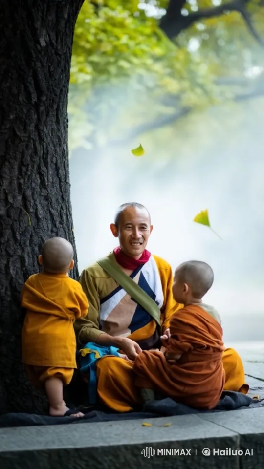 Monks Teach Under Tranquil Tree with Falling Leaves – AI Generated Video | Hailuo AI