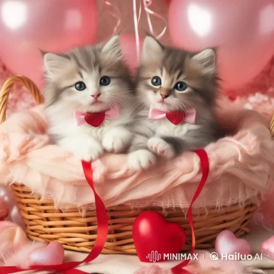 Fluffy Kittens Play in Festive Heart-Themed Basket – AI Generated Video | Hailuo AI