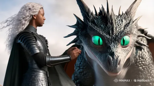 Silver-Haired Figure with Medieval Armor and Dragon Pet – AI Generated Video | Hailuo AI