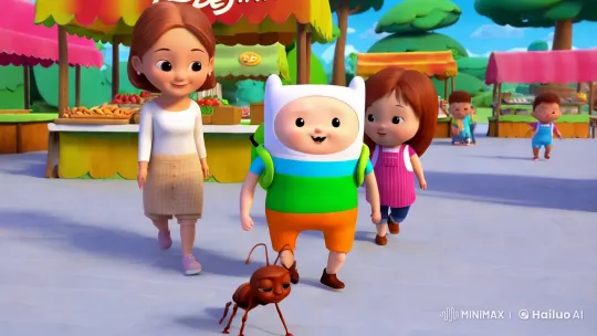 Toddler Finn and Friends Embrace Ant, Puppy at Market – AI Generated Video | Hailuo AI