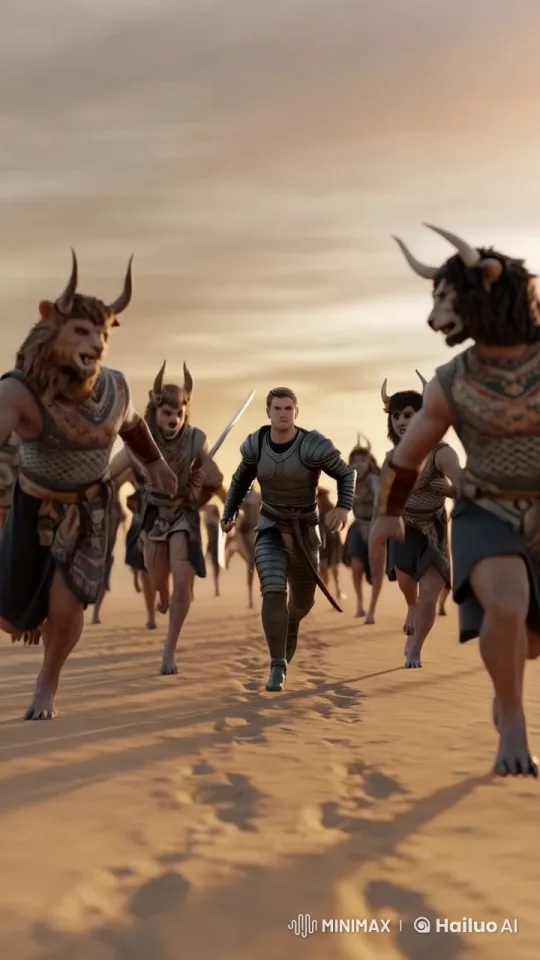 Armored Man Escapes Fierce Warrior Pursuers in Desert Sunset Chase – AI Generated Video | Hailuo AI