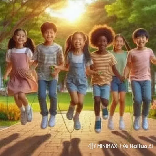 Children Jumping with Skipping Ropes in Animated Park Setting – AI Generated Video | Hailuo AI