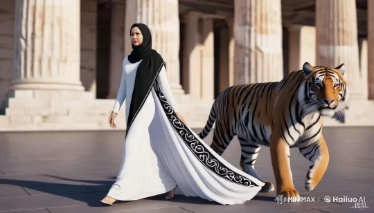 Woman in Abaya Walks with Tiger in Ancient Setting – AI Generated Video | Hailuo AI
