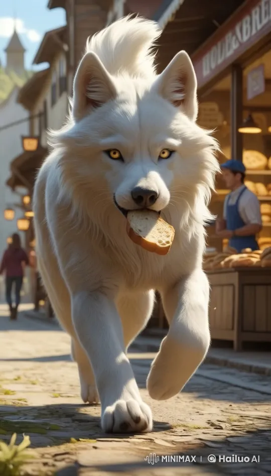 White Dog with Bread Runs Through Quaint Town in Live2D Animation – AI Generated Video | Hailuo AI