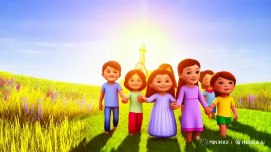 Diverse Children Walk Joyfully Toward Jesus in Meadow – AI Generated Video | Hailuo AI