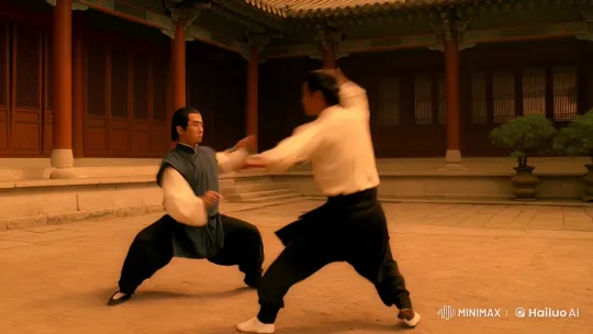 Aesthetic Kung Fu Fight in Serene Chinese Courtyard – AI Generated Video | Hailuo AI