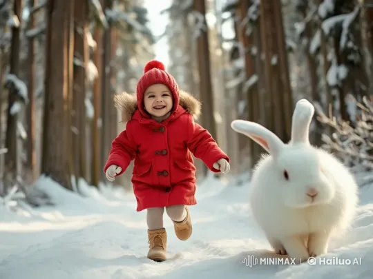 Joyful Children Chase Rabbit in Snowy Forest – AI Generated Video | Hailuo AI