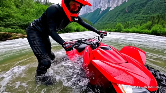 Motorcyclist Rescues Quad Bike in River Landscape – AI Generated Video | Hailuo AI
