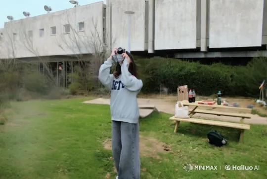 Young Woman Capturing Photos in Park Setting – AI Generated Video | Hailuo AI