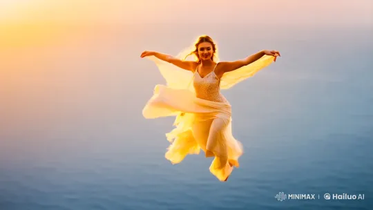 Woman Soars Gracefully Through Golden Sky – AI Generated Video | Hailuo AI