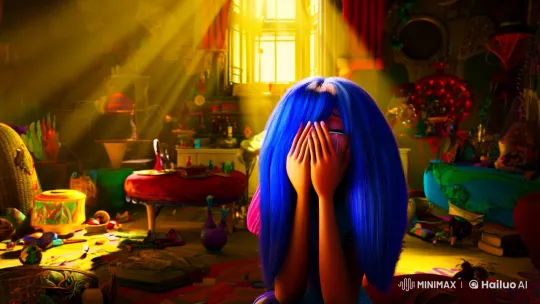Blue-haired girl's tearful moment in a cluttered room – AI Generated Video | Hailuo AI