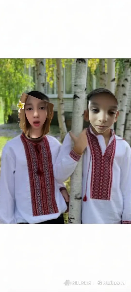 Children in Embroidered Attire Share Tender Cheek Kiss in Serene Setting – AI Generated Video | Hailuo AI
