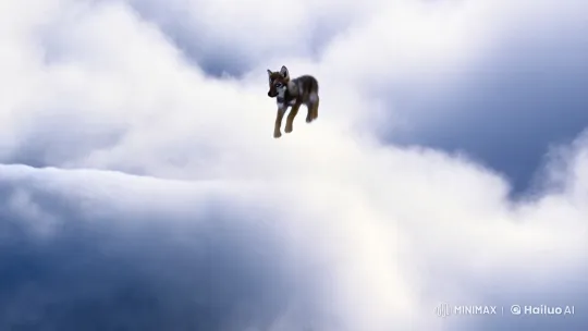 Wolf Pup with Blue Eyes Frolics in Dreamy Sky to Winter – AI Generated Video | Hailuo AI