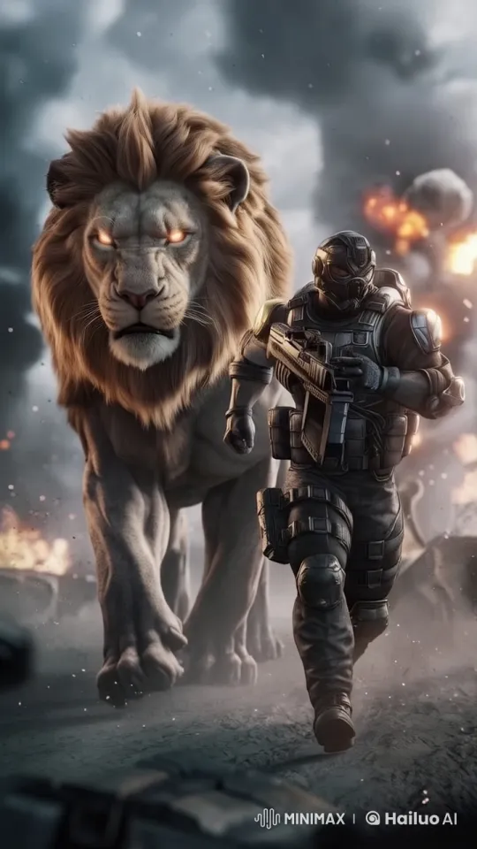 Lion and Soldier Advance Through Warzone in Live2D Animation – AI Generated Video | Hailuo AI