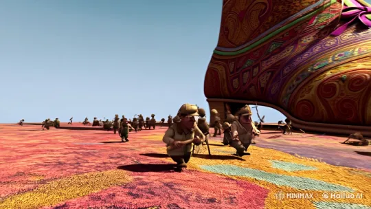Colossal Shoe with Tiny Workers in Surreal Scene – AI Generated Video | Hailuo AI