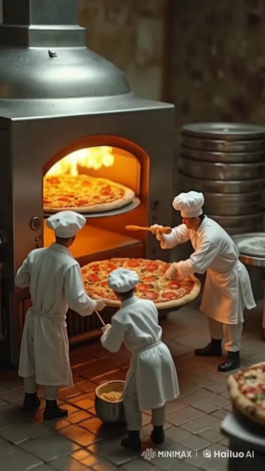 Tiny Chefs Prepare Pizzas in Realistic Live2D Scene – AI Generated Video | Hailuo AI