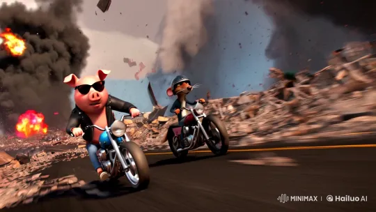 Chaos: Pig and Rat Race Through Destruction on Motorcycles – AI Generated Video | Hailuo AI