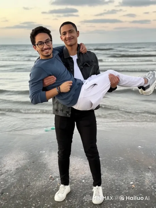 Friends Embrace Playfully on a Sunset Beach – AI Generated Video | Hailuo AI