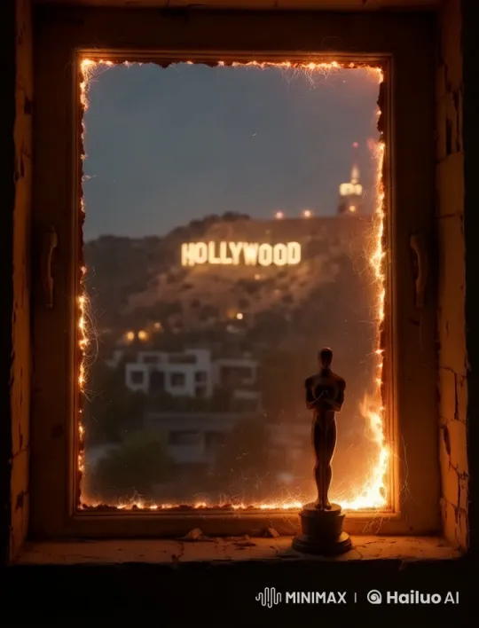 Hollywood Sign with Fiery Window and Oscar Statuette – AI Generated Video | Hailuo AI