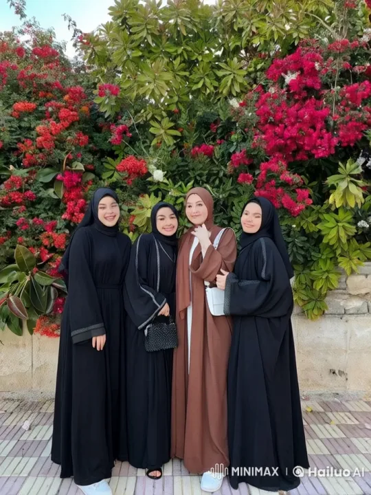 Four Women in Abayas Perform Dynamic Kungfu Against Floral Backdrop – AI Generated Video | Hailuo AI