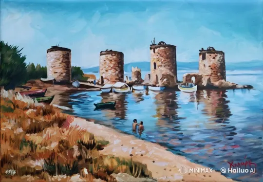 Serene Coastal Landscape with Swimmers and Drifting Boats – AI Generated Video | Hailuo AI