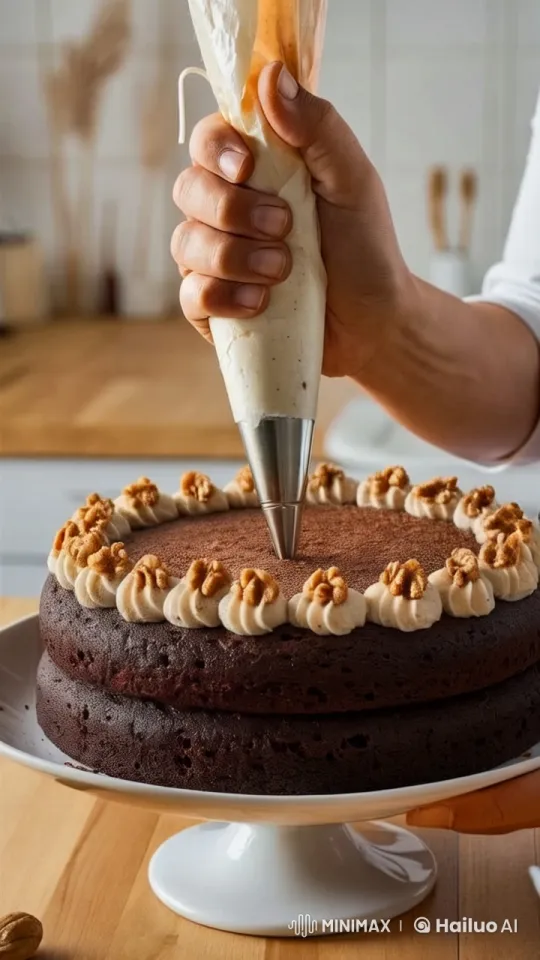 Woman Decorates Chocolate Cake with Coconut and Nuts – AI Generated Video | Hailuo AI