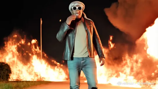 Cool Man Unfazed by Massive Explosion Scene – AI Generated Video | Hailuo AI