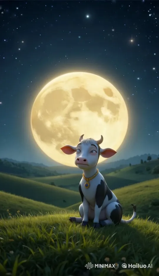 Gauri the Cow's Serene Nighttime Connection with the Moon – AI Generated Video | Hailuo AI