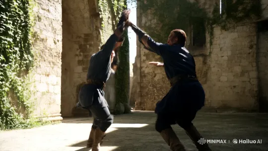 Dramatic Clash in Sunlit Ivy-Covered Courtyard – AI Generated Video | Hailuo AI