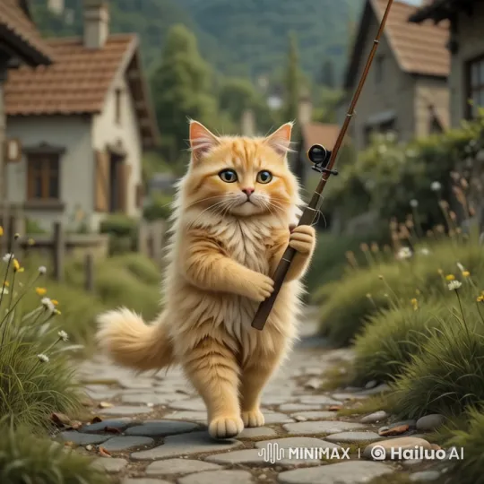 Cute Cat Strolls Through Animated Village with Fishing Rod – AI Generated Video | Hailuo AI