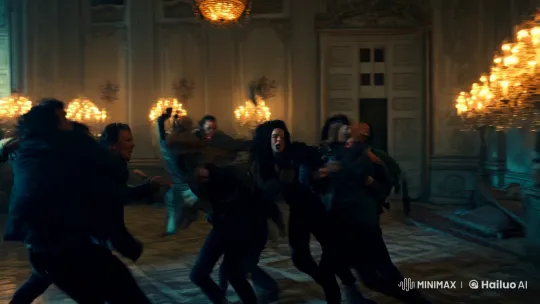 Chaotic Brawl in Decaying Grand Hall – AI Generated Video | Hailuo AI